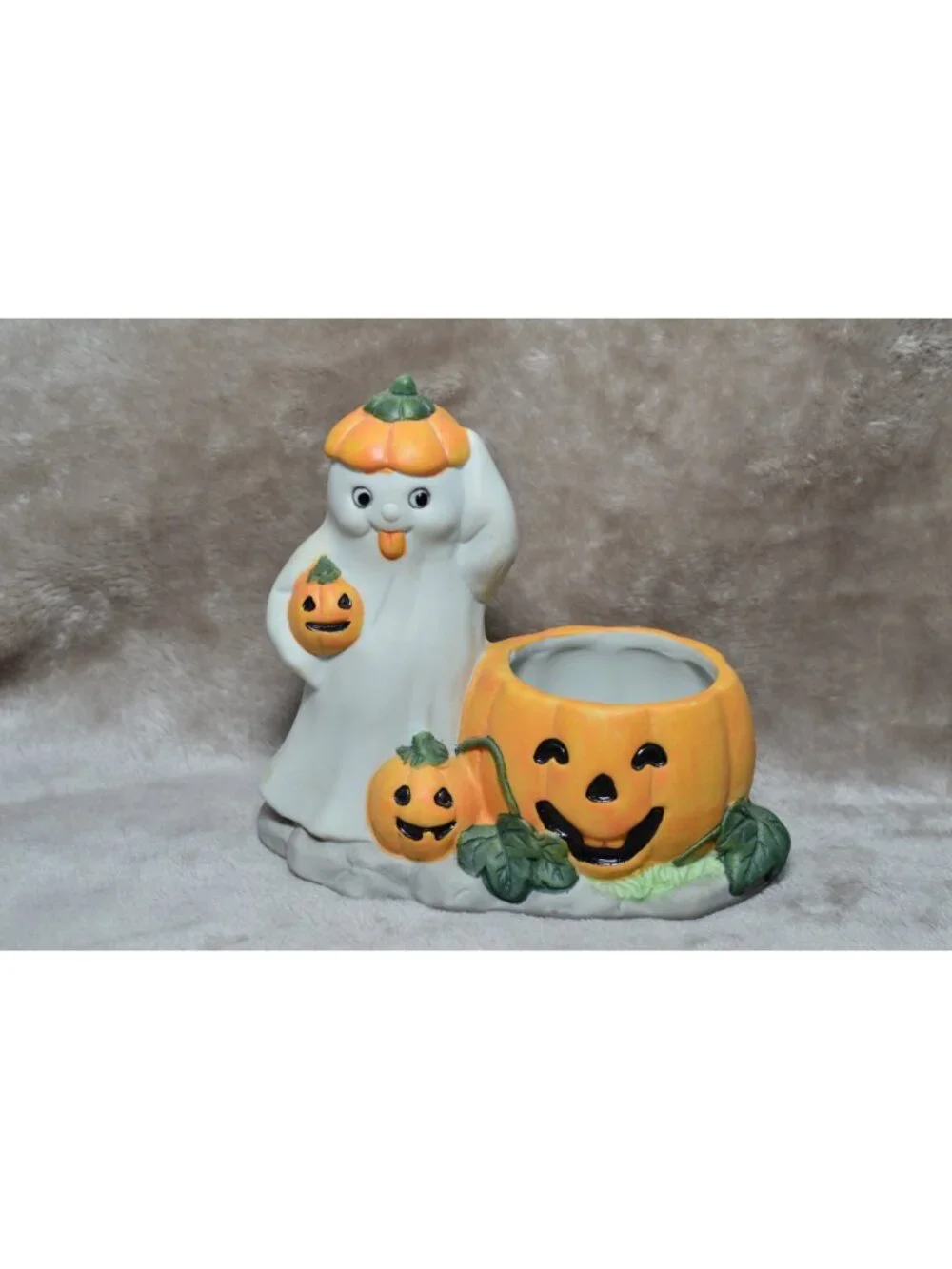 Vintage Ceramic Halloween Ghost Pumpkin Candle Holder Jack O Lantern Retro